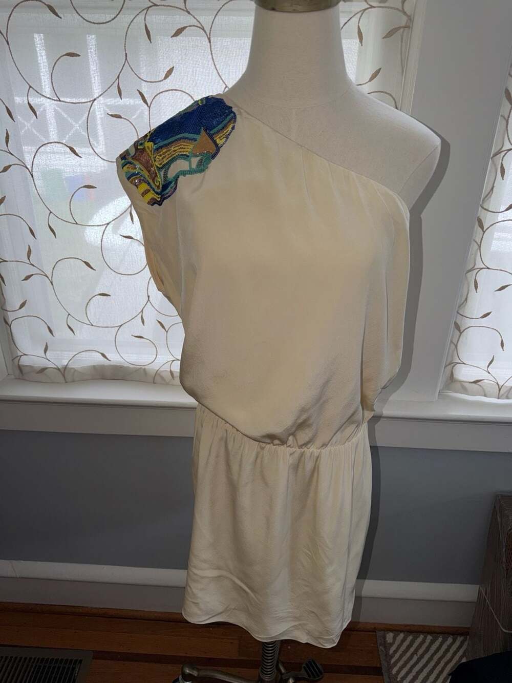 TIBI  Cream Silk One Shoulder Sequined Mini Dress Size 6